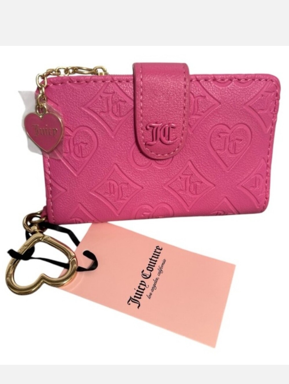 Juicy Couture Good Times Hot Pink Embossed Card Holder with Gold Heart Charm NWT